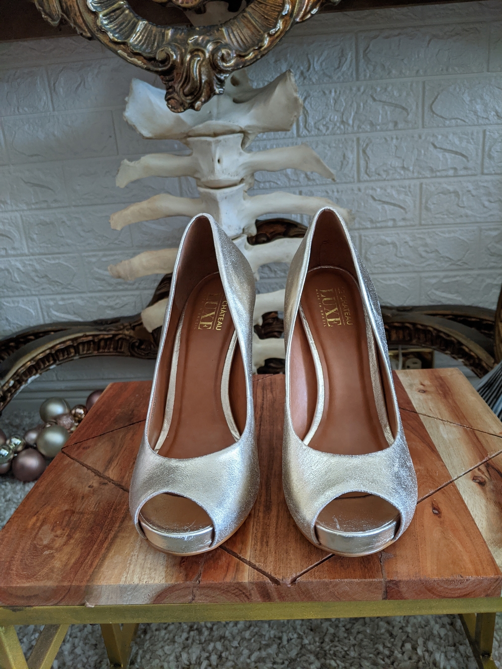 Le Chateau X Luxe Silver Peep-Toe Platform Heels Pin Up